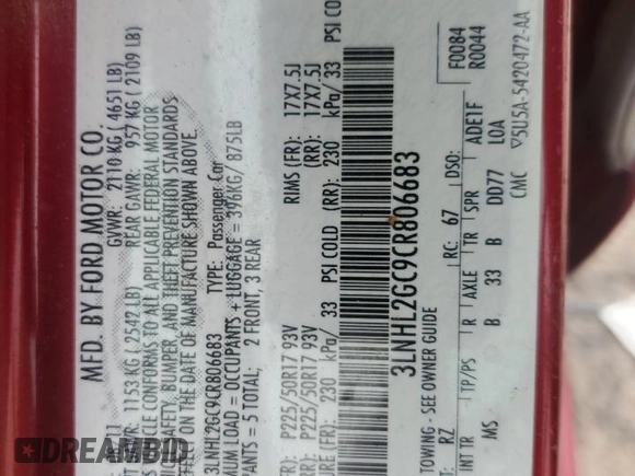2012 Lincoln MKZ with VIN 3LNHL2GC9CR806683, listed as a Copart auction lot 50515045 with 75,308 mi miles and Salvage Title. Bid and sale history available at DreamBid. Image 14.