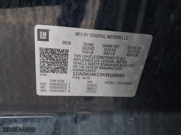 2019 Chevrolet Suburban LT with VIN 1GNSKHKC0KR159583, listed as a IAAI auction lot 41309350 with 196,844 mi miles. Bid and sale history available at carsss.com. Image 9.