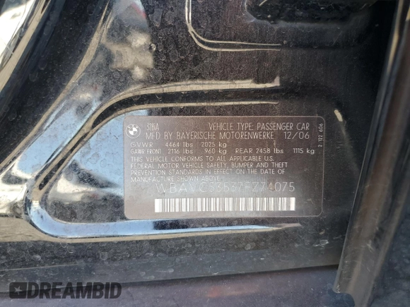 2007 BMW 3 Series 328i with VIN WBAVC53537FZ74075, listed as a Copart auction lot 52943835 with 107,117 mi miles and Salvage Title. Bid and sale history available at carsss.com. Image 14.