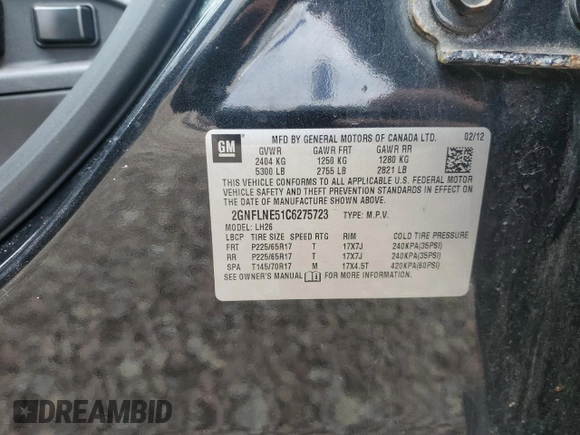 2012 Chevrolet Equinox LT w/2LT with VIN 2GNFLNE51C6275723, listed as a Copart auction lot 53867595 with 158,613 mi miles and Clean Title. Bid and sale history available at carsss.com. Image 13.