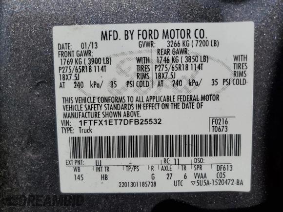 2013 Ford F-150 XL with VIN 1FTFX1ET7DFB25532, listed as a Copart auction lot 61369625 with 192,965 mi miles and Clean title. Bid and sale history available at DreamBid. Image 12.