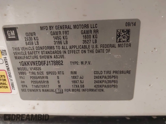 2015 GMC Acadia SLE with VIN 1GKKVNED6FJ178862, listed as a IAAI auction lot 41957575 with 151,377 mi miles and . Bid and sale history available at DreamBid. Image 9.