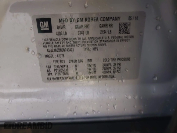 2014 Buick Encore Convenience with VIN KL4CJBSB8EB743421, listed as a IAAI auction lot 41216018 with 18,314 mi miles. Bid and sale history available at carsss.com. Image 9.