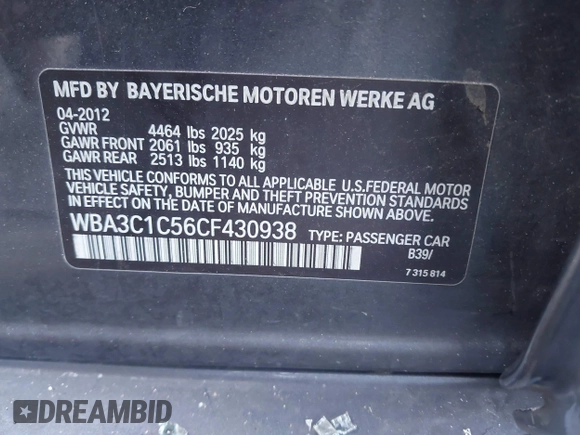 2012 BMW 3 Series 328i with VIN WBA3C1C56CF430938, listed as a IAAI auction lot 41749278 with Not provided miles and . Bid and sale history available at DreamBid. Image 9.