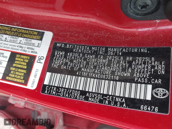 2014 Toyota Camry L with VIN 4T1BF1FK4EU832118, listed as a IAAI auction lot 42165889 with 198,882 mi miles and . Bid and sale history available at DreamBid. Image 9.