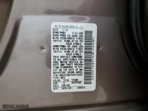 2014 Nissan Murano SV with VIN JN8AZ1MU7EW410333, listed as a Copart auction lot 44053205 with 113,868 mi miles and Salvage Title. Bid and sale history available at carsss.com. Image 15.