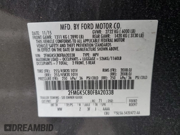 2015 Ford Flex SEL with VIN 2FMGK5C80FBA20338, listed as a Copart auction lot 86750564 with 72,464 mi miles and Clean Title. Bid and sale history available at carsss.com. Image 13.