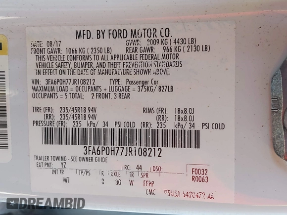 2018 Ford Fusion SE z VIN 3FA6P0H77JR108212, wystawiony jako IAAI lot #41208435 z przebiegiem 68 825 mil mil oraz . Historia ofert i sprzedaży dostępna na DreamBid. Obrazek 9.