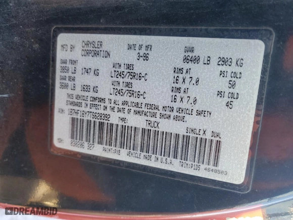 1996 Dodge Ram 1500 with VIN 1B7HF16Y7TS628392, listed as a Copart auction lot 88857665 with 288,260 mi miles and Salvage Title. Bid and sale history available at carsss.com. Image 12.