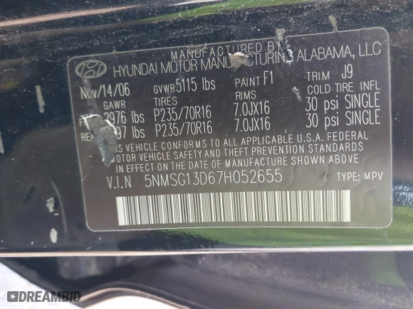 2007 Hyundai Santa Fe GLS with VIN 5NMSG13D67H052655, listed as a IAAI auction lot 41999808 with 163,423 mi miles. Bid and sale history available at carsss.com. Image 9.