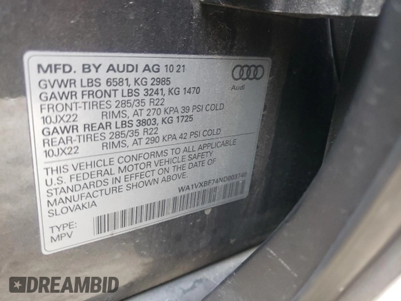 2022 Audi Q7 Prestige with VIN WA1VXBF74ND003740, listed as a Copart auction lot 80952584 with 34,904 mi miles and Salvage title. Bid and sale history available at DreamBid. Image 14.