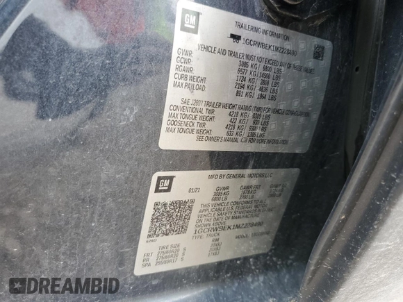 2021 Chevrolet Silverado 1500 Custom with VIN 1GCRWBEK1MZ228490, listed as a Copart auction lot 43900585 with 127,270 mi miles and Salvage Title. Bid and sale history available at DreamBid. Image 12.