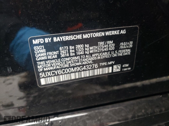 2021 BMW X6 xDrive40i with VIN 5UXCY6C00M9G43276, listed as a Copart auction lot 83149214 with 0 mi miles and Salvage Title. Bid and sale history available at carsss.com. Image 15.