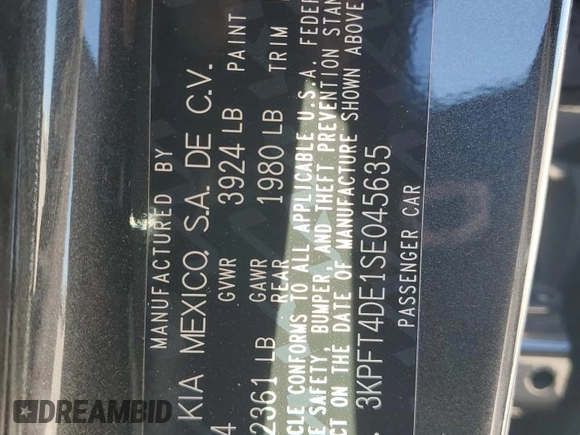 2025 Kia K4 LX with VIN 3KPFT4DE1SE045635, listed as a Copart auction lot 48115655 with 4,921 mi miles and Salvage Title. Bid and sale history available at carsss.com. Image 13.