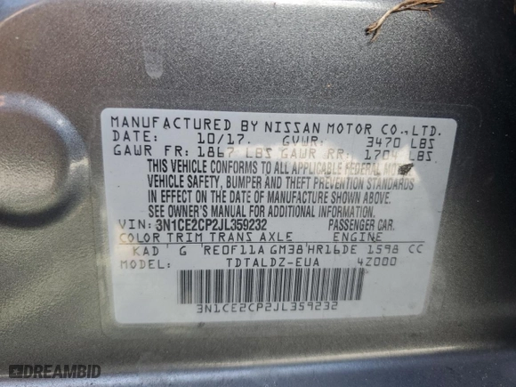 2018 Nissan Versa Note SV with VIN 3N1CE2CP2JL359232, listed as a Copart auction lot 77227674 with 0 mi miles and Non Repairable. Bid and sale history available at carsss.com. Image 13.