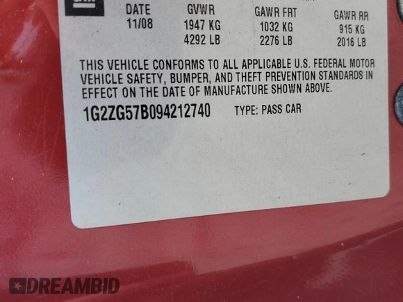 2009 Pontiac G6 1SA с VIN 1G2ZG57B094212740, выставлен на аукционе Copart как лот 59917775 с пробегом 186 622 миль миль и Чистый • Clean title. История ставок и продаж доступна на DreamBid. Изображение 13.