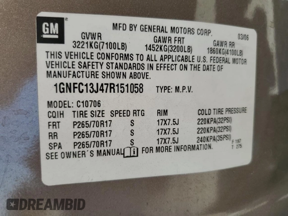 2007 Chevrolet Tahoe LS with VIN 1GNFC13J47R151058, listed as a Copart auction lot 60741285 with 210,749 mi miles and Salvage title. Bid and sale history available at DreamBid. Image 13.