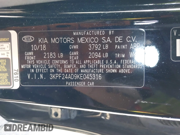 2019 Kia Forte LXS with VIN 3KPF24AD9KE045316, listed as a IAAI auction lot 41801486 with 84,843 mi miles. Bid and sale history available at carsss.com. Image 9.