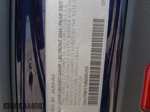2021 Audi A7 z VIN WAUTPBF21MN085269, wystawiony jako Copart lot #57667215 z przebiegiem Nie podano mil oraz Szkody całkowita. Historia ofert i sprzedaży dostępna na DreamBid. Obrazek 12.
