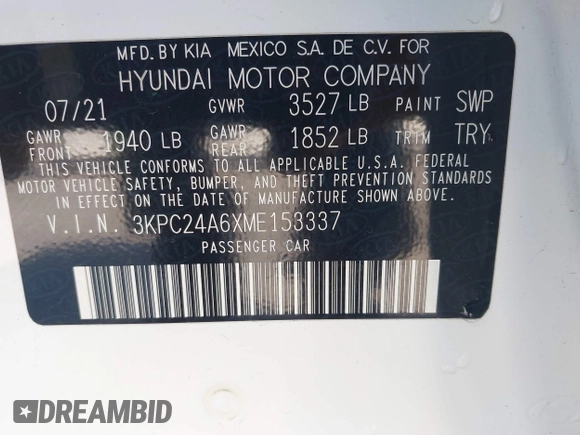 2021 Hyundai Accent SE z VIN 3KPC24A6XME153337, wystawiony jako IAAI lot #42344593 z przebiegiem 86 079 mil mil oraz . Historia ofert i sprzedaży dostępna na DreamBid. Obrazek 9.