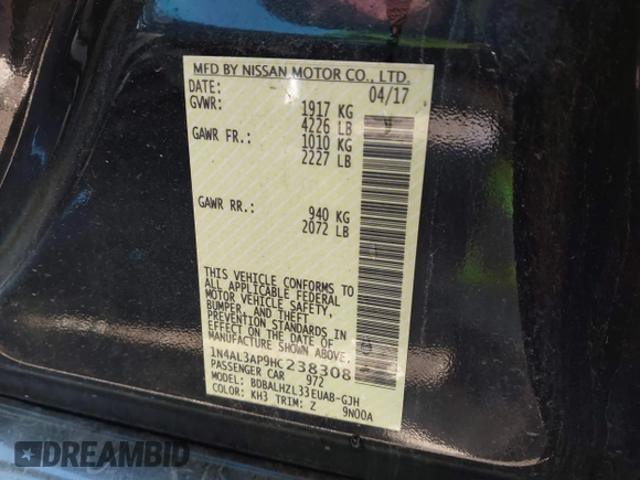 2017 Nissan Altima SV with VIN 1N4AL3AP9HC238308, listed as a IAAI auction lot 41844167 with 86,301 mi miles and . Bid and sale history available at DreamBid. Image 9.