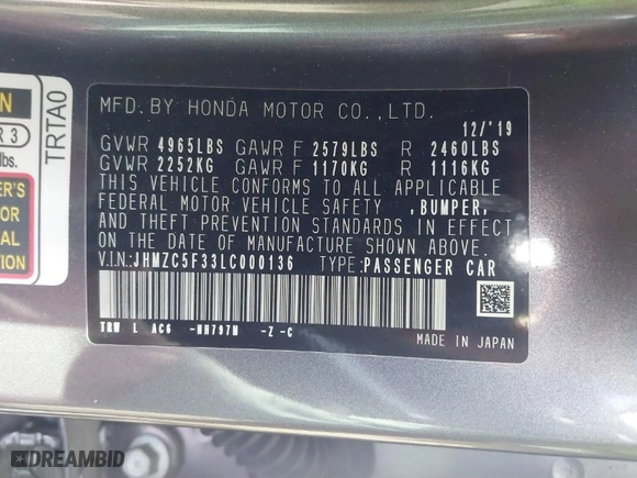 2020 Honda Clarity Plug-In Hybrid Touring with VIN JHMZC5F33LC000136, listed as a IAAI auction lot 41418652 with 48,035 mi miles. Bid and sale history available at carsss.com. Image 9.