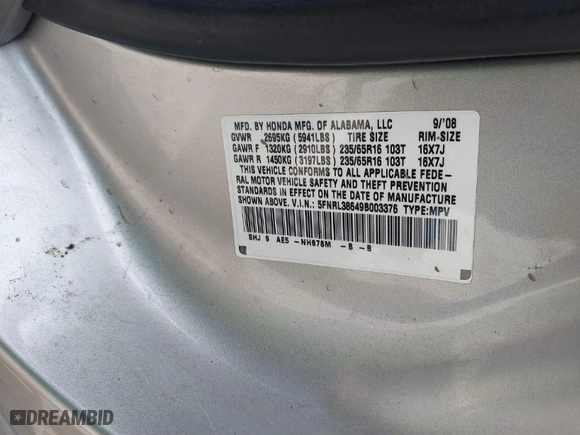 2009 Honda Odyssey EX-L with VIN 5FNRL38649B003376, listed as a IAAI auction lot 41903760 with 195,282 mi miles. Bid and sale history available at carsss.com. Image 9.