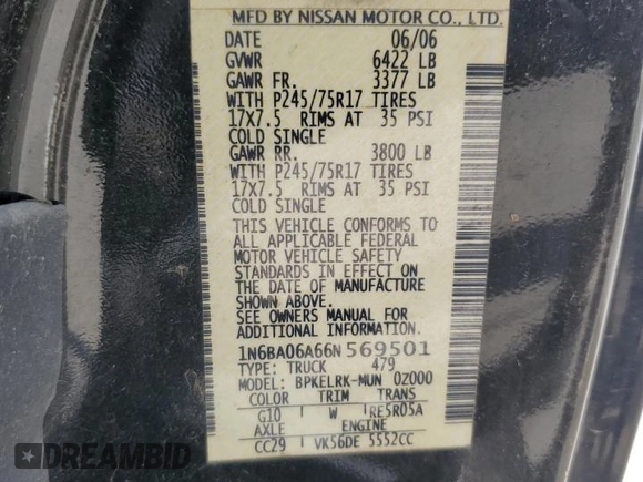 2006 Nissan Titan SE z VIN 1N6BA06A66N569501, wystawiony jako Copart lot #59872455 z przebiegiem 80 057 mil mil oraz Szkoda całkowita • Salvage title. Historia ofert i sprzedaży dostępna na DreamBid. Obrazek 12.