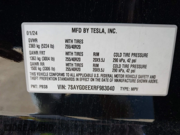 2024 Tesla Model Y Long Range with VIN 7SAYGDEEXRF983040, listed as a IAAI auction lot 41555332 with 79,506 mi miles and . Bid and sale history available at DreamBid. Image 9.