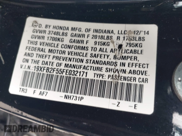 2015 Honda Civic Sedan LX with VIN 19XFB2F55FE032171, listed as a IAAI auction lot 41998655 with 116,857 mi miles. Bid and sale history available at carsss.com. Image 9.