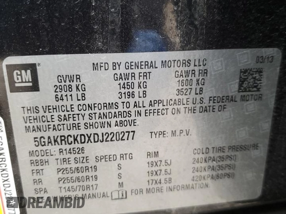 2013 Buick Enclave Leather with VIN 5GAKRCKDXDJ220277, listed as a Copart auction lot 46307075 with 164,463 mi miles and Salvage Title. Bid and sale history available at carsss.com. Image 13.