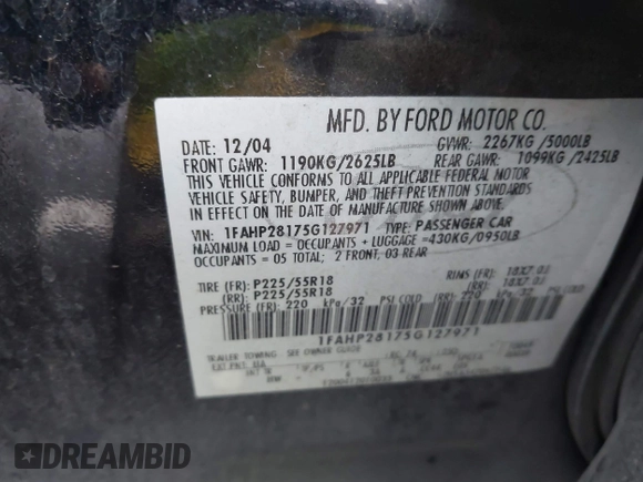2005 Ford Five Hundred Limited with VIN 1FAHP28175G127971, listed as a IAAI auction lot 41798451 with Not Provided miles. Bid and sale history available at carsss.com. Image 9.