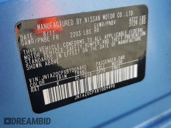 2011 Nissan LEAF SL-e with VIN JN1AZ0CPXBT009490, listed as a Copart auction lot 55846965 with 52,319 mi miles and Salvage Title. Bid and sale history available at DreamBid. Image 14.