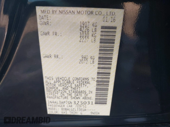 2016 Nissan Altima S z VIN 1N4AL3AP7GN325031, wystawiony jako IAAI lot #42403261 z przebiegiem 304 819 mil mil oraz . Historia ofert i sprzedaży dostępna na DreamBid. Obrazek 9.