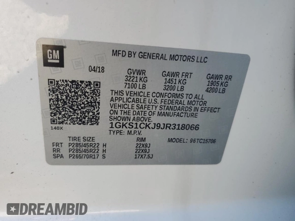 2018 GMC Yukon Denali with VIN 1GKS1CKJ9JR318066, listed as a Copart auction lot 89187255 with 0 mi miles and Clean Title. Bid and sale history available at carsss.com. Image 13.