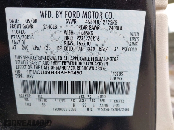 2008 Ford Escape Hybrid with VIN 1FMCU49H38KE50450, listed as a IAAI auction lot 42565336 with Not provided miles and . Bid and sale history available at DreamBid. Image 9.