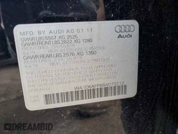 2011 Audi Q5 3.2L Premium Plus with VIN WA1DKAFP8BA073212, listed as a Copart auction lot 88752475 with 0 mi miles and Clean Title. Bid and sale history available at carsss.com. Image 13.