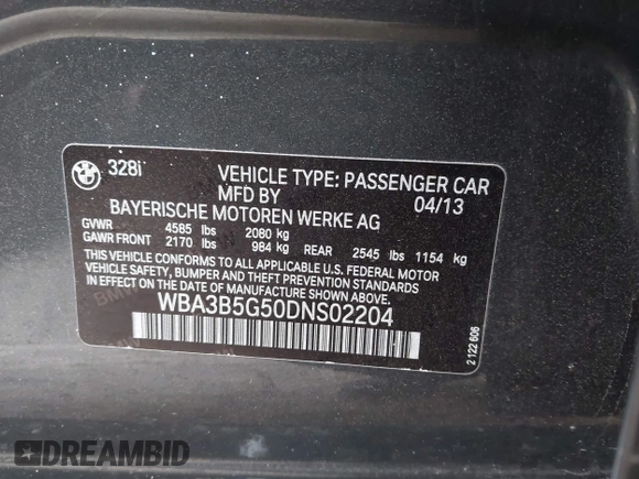 2013 BMW 3 Series 328i xDrive with VIN WBA3B5G50DNS02204, listed as a IAAI auction lot 41522572 with 1 mi miles. Bid and sale history available at carsss.com. Image 9.