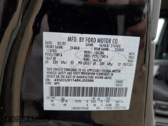 2008 Mercury Mariner с VIN 4M2CU91148KJ05986, выставлен на аукционе Copart как лот 51279715 с пробегом 173 942 миль миль и Списание • Salvage title. История ставок и продаж доступна на DreamBid. Изображение 15.
