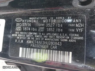 2017 Hyundai Accent SE with VIN KMHCT4AE3HU280843, listed as a IAAI auction lot 41545462 with 107,428 mi miles. Bid and sale history available at carsss.com. Image 9.