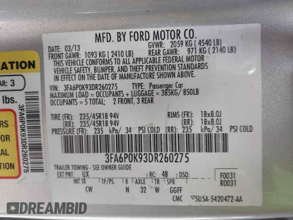 2013 Ford Fusion Titanium with VIN 3FA6P0K93DR260275, listed as a IAAI auction lot 42002127 with 126,751 mi miles. Bid and sale history available at carsss.com. Image 9.