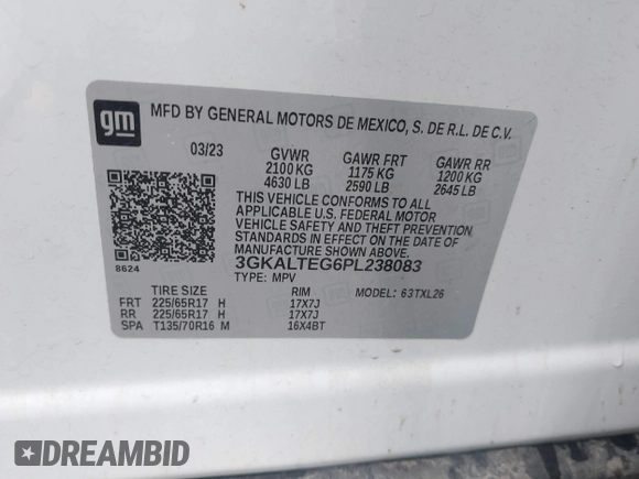 2023 GMC Terrain SLE with VIN 3GKALTEG6PL238083, listed as a IAAI auction lot 42583941 with 65,892 mi miles and . Bid and sale history available at DreamBid. Image 9.