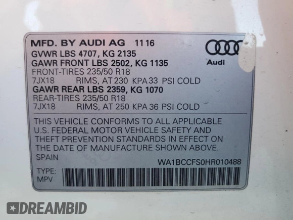 2017 Audi Q3 Premium with VIN WA1BCCFS0HR010488, listed as a Copart auction lot 54062635 with 138,527 mi miles and Clean Title. Bid and sale history available at carsss.com. Image 13.