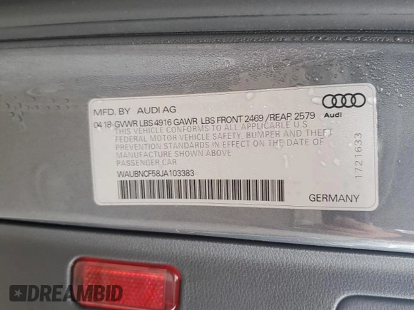 2018 Audi A5 Sportback Premium Plus with VIN WAUBNCF58JA103383, listed as a Copart auction lot 79073073 with 82,215 mi miles. Bid and sale history available at carsss.com. Image 12.