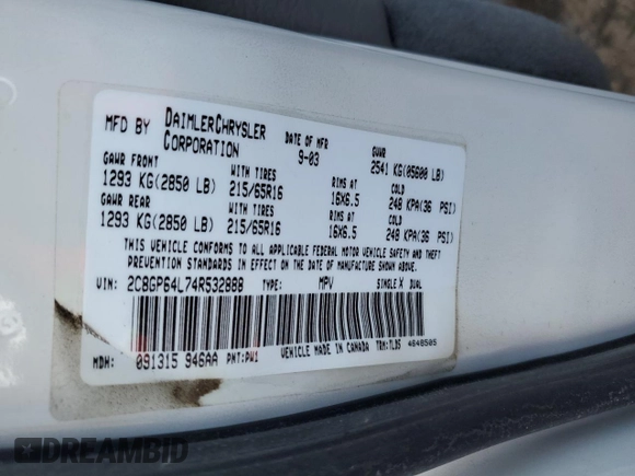 2004 Chrysler Town & Country Limited with VIN 2C8GP64L74R532888, listed as a Copart auction lot 89167885 with 95,004 mi miles and Salvage Title. Bid and sale history available at DreamBid. Image 13.