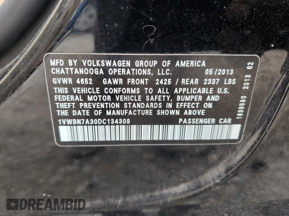 2013 Volkswagen Passat SE with VIN 1VWBN7A30DC134309, listed as a Copart auction lot 55862505 with 162,649 mi miles and Salvage title. Bid and sale history available at DreamBid. Image 12.