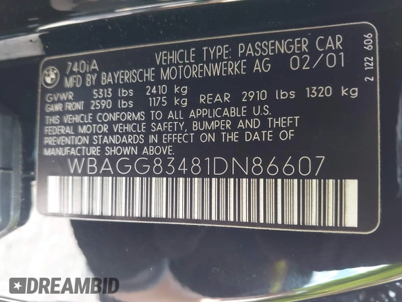 2001 BMW 7 Series 740i with VIN WBAGG83481DN86607, listed as a IAAI auction lot 42686666 with 115,753 mi miles and . Bid and sale history available at DreamBid. Image 9.