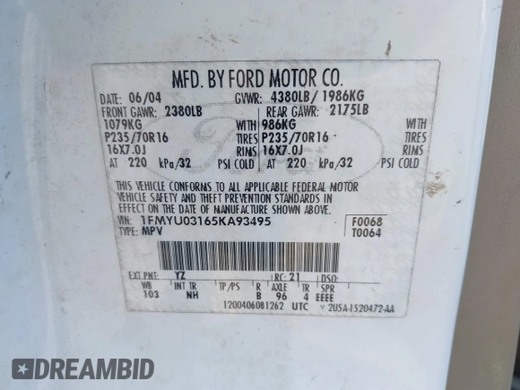 2005 Ford Escape XLT with VIN 1FMYU03165KA93495, listed as a IAAI auction lot 41821975 with 202,475 mi miles and . Bid and sale history available at DreamBid. Image 9.