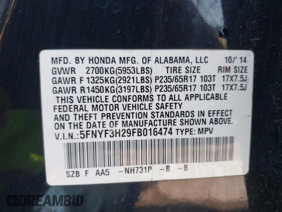 2015 Honda Pilot LX with VIN 5FNYF3H29FB016474, listed as a IAAI auction lot 41976782 with 200,692 mi miles and . Bid and sale history available at carsss.com. Image 9.
