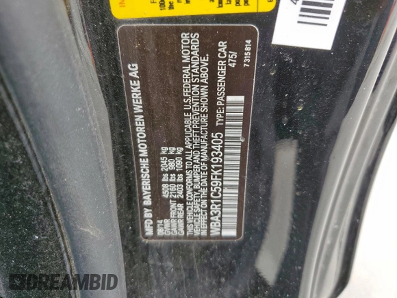 2015 BMW 4 Series 435i with VIN WBA3R1C59FK193405, listed as a Copart auction lot 52563835 with 86,820 mi miles and Salvage title. Bid and sale history available at DreamBid. Image 12.